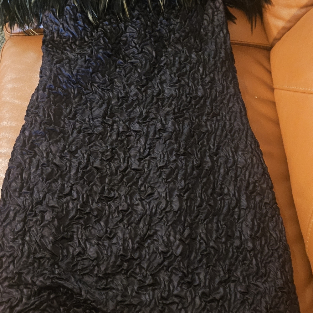 Vintage Black Textured Mini Dress with Feather Trim
